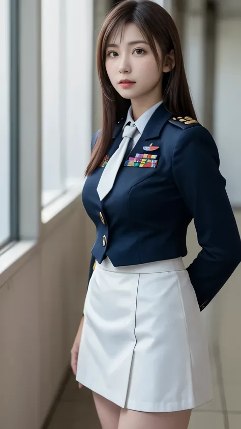 【   highest resolution、   clear  _   images】   Top Quality、​masterpiece、high-level    images quality、  realism、Female Soldier、Plain white uniform、   no tie   ,    Plain White Tight Skirt 、 uniform、Navy Captain 、Naval Academy   、misa hayase、   full body pho...