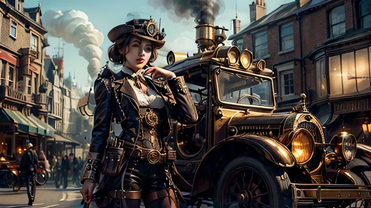 golden theme, steampunk, beautiful british girl, outdoor in London, 