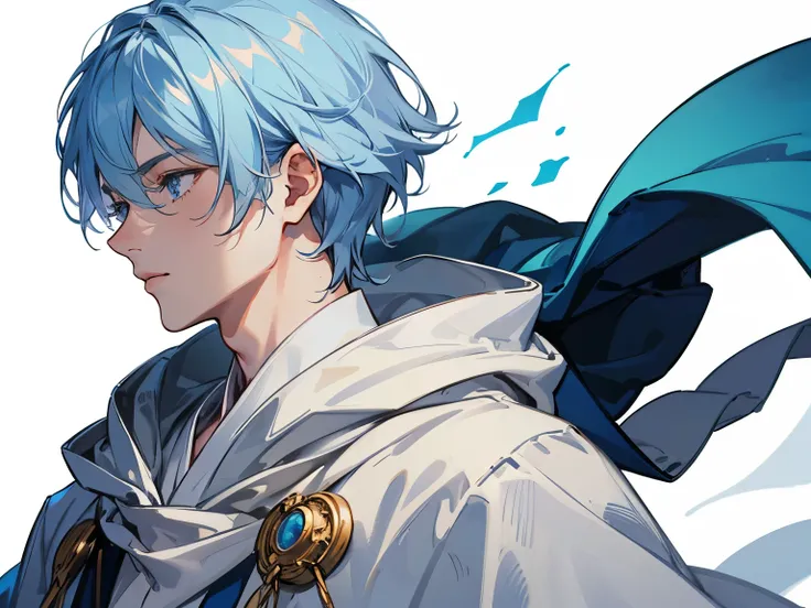 best image quality、top quality、Light blue hair, blue eyes,、an image of a right-facing profile of a man wearing a white hooded wizard robe、has a white background