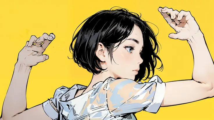 Yellow Background、profile、(masterpiece, top quality),It has a nice color,colorful, top quality, Amazing Details, anatomically correct,  line art , written boundary depth,flat shading,Bokeh, girls, black hair、short bob hair、COACH setup、expressive eyes、Moder...