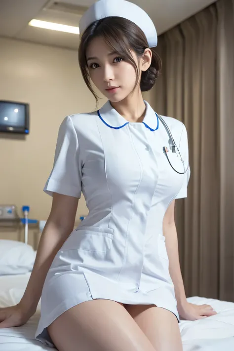 crosses legs、1 girl,(Wearing white Nurse clothes:1.2),(RAW photo, top quality), (realistic, photo-realistic:1.4), masterpiece, ((Big Breasts)),very delicate and beautiful, very well detailed, 2k wallpaper, wonderful, finely, very well detailed CG unity 8k ...