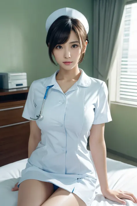 crosses legs、1 girl,(Wearing white Nurse clothes:1.2),(RAW photo, top quality), (realistic, photo-realistic:1.4), masterpiece, ((Big Breasts)),very delicate and beautiful, very well detailed, 2k wallpaper, wonderful, finely, very well detailed CG unity 8k ...