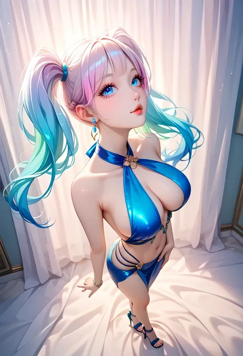 hand on own ass, , ((pastel blue black, hair, gradient hair ), best quality 、 Masterpiece、( professional lighting )、 surreal、 ,(erect nipples:0.35), Charming、 slender supermodel 、 one adult female , (wide shot, full body, Head-to-toe shot, (from above:1.2)...