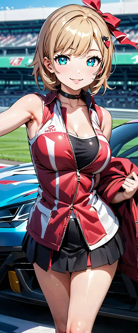 highest quality, Ultra High Resolution,  One person,  SMALLE BREASTS, black choker, smile,  exposes shoulders,  focus only , viewers,Fair skin,Car racing track,photon mapping, Physically Based Rendering,  RAW photos , very detailed background, K-pop Idol ,...