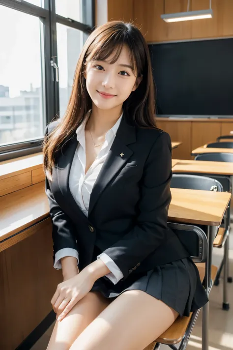 (photorealistic, ultra-detailed, cinematic lighting, 8K resolution),
modern Japanese high school classroom setting,
large windows with natural daylight streaming in,
A teacher with a cute face like an 18-year-old idol standing at the front, wearing a sleek...