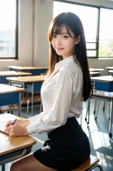 (photorealistic, ultra-detailed, cinematic lighting, 8K resolution),
modern Japanese high school classroom setting,
large windows with natural daylight streaming in,
A teacher with a cute face like an 18-year-old idol standing at the front, wearing a sleek...