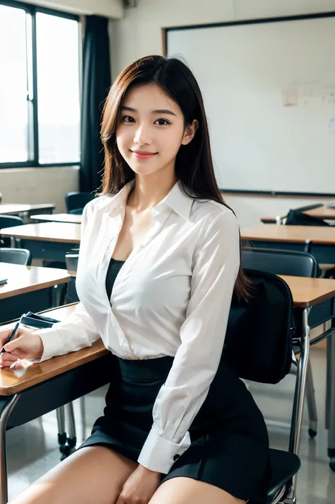 (photorealistic, ultra-detailed, cinematic lighting, 8K resolution),
modern Japanese high school classroom setting,
large windows with natural daylight streaming in,
A teacher with a cute face like an 18-year-old idol standing at the front, wearing a sleek...