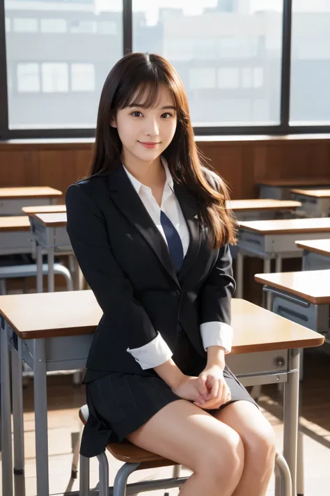 (photorealistic, ultra-detailed, cinematic lighting, 8K resolution),
modern Japanese high school classroom setting,
large windows with natural daylight streaming in,
A teacher with a cute face like an 18-year-old idol standing at the front, wearing a sleek...