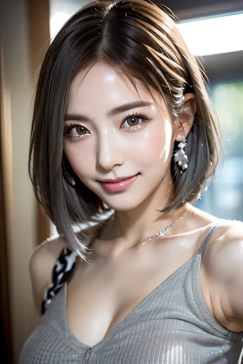 ((( Cute Poses ,  Beautiful Gray Haired Tall Woman、Wears a Dress with Hanging Shoulders at School,   open lips, smile))), 
( Beautiful Arafedo Woman  ),(((   Bust :1.3))),( dynamic angle),( Dynamic Sexy Flexing Poses:1.3),,( Short Hair with Shiny Silver an...