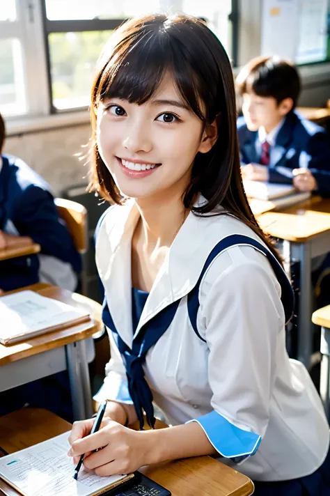 ( with gentle hills drawn as in the picture 、 ultra-fine in 8K、cinematic lighting、 8k resolution for kindergarten ren)

modern Japanese high school classroom settings、
and natural light shines in through a large window、
with a cute face like an 18-year-old...