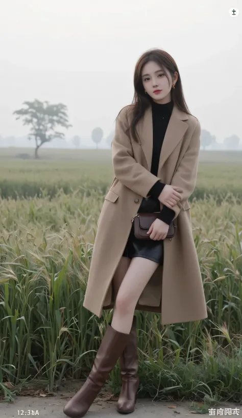 On a winter evening, the rural weather in North China was misty, and the weather was clear, and the young woman had long hair, slightly yellow pearl earrings, khaki, mid-length woolly coat, an elderly black sweater, chest, brown high-heeled boots, flesh-co...