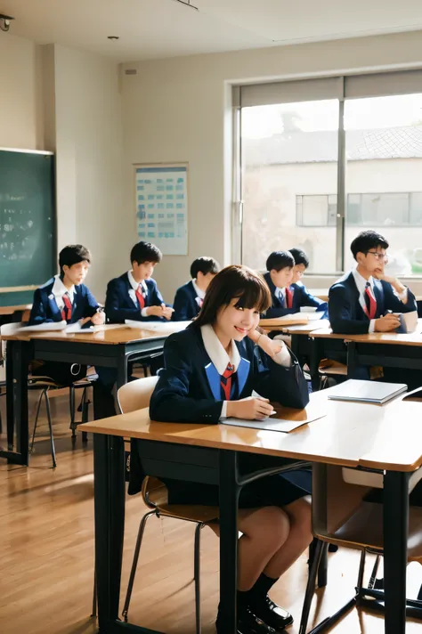 ( with gentle hills drawn as in the picture 、 ultra-fine in 8K、cinematic lighting、 8k resolution for kindergarten ren)

modern Japanese high school classroom settings、
and natural light shines in through a large window、
with a cute face like an 18-year-old...