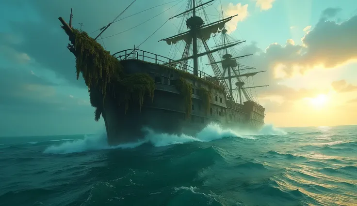 Vast, serene turquoise ocean at sunrise. Suddenly, a colossal, ancient galleon bursts from the water's surface, covered in barnacles and seaweed. Dramatic lighting, low angle, sense of immense scale. Mysterious and ominous atmosphere.