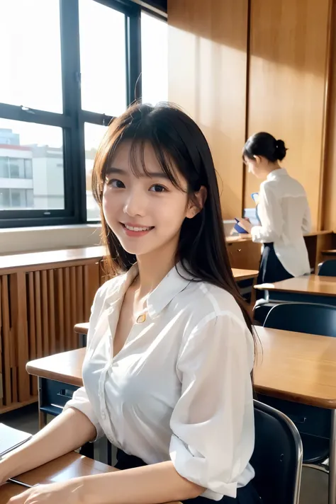 ( with gentle hills drawn as in the picture 、 ultra-fine in 8K、cinematic lighting、 8k resolution for kindergarten ren)

modern Japanese high school classroom settings、
and natural light shines in through a large window、
(((with a cute face like an 18-year-...