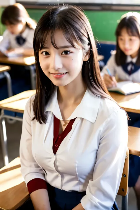 ( with gentle hills drawn as in the picture 、 ultra-fine in 8K、cinematic lighting、 8k resolution for kindergarten ren),Modern Japanese high school classroom setting,and natural light shines in through a large window,(((a teacher with a cute face like an 18...