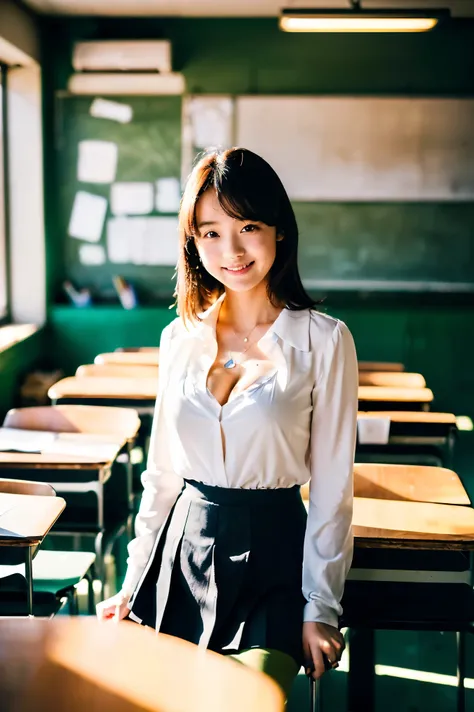 ( with gentle hills drawn as in the picture 、 ultra-fine in 8K、cinematic lighting、 8k resolution for kindergarten ren),Modern Japanese high school classroom setting,and natural light shines in through a large window,(((teacher with a cute face like an 18-y...