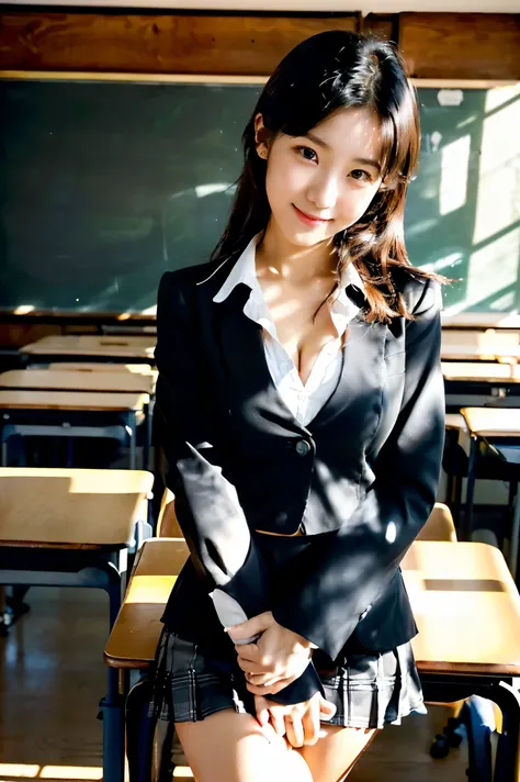 ( with gentle hills drawn as in the picture 、 ultra-fine in 8K、cinematic lighting、 8k resolution for kindergarten ren),Modern Japanese high school classroom setting,and natural light shines in through a large window,(((teacher with a cute face like an 18-y...