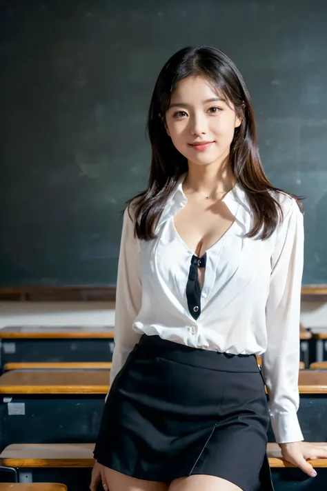 ( with gentle hills drawn as in the picture 、 ultra-fine in 8K、cinematic lighting、 8k resolution for kindergarten ren),Modern Japanese high school classroom setting,and natural light shines in through a large window,(((teacher with a cute face like an 18-y...