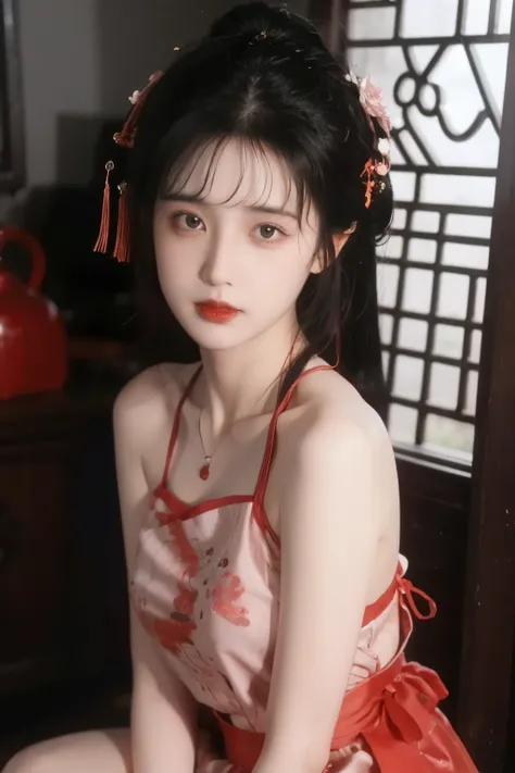 is the best quality, masterpiece, High Aims, 1 girl, Beautiful red Hanfu, Hair ornaments, necklace, ornament, pretty face, When the body, Tyndell effect, Realistic portrait, Dark Studio, Edge lighting, Bicolor Light , (very delicate skin:1.2), 8,000...