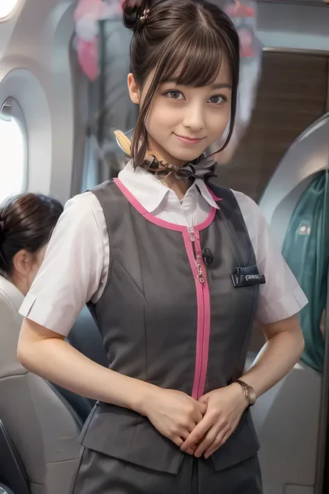 (masterpiece:1.2, top quality:1.2), 32kHDR, High Resolution, (alone、1 girl)、(Take the Shinkansen、professional lighting)、 car interior background 、( realistic style of the JR Gran Class crew uniform)、short sleeve blouse、 scarf wrapped around neck 、( JR Gra...