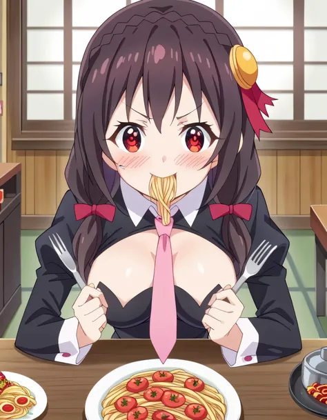 high image quality,high quality、 
Yunyun、 black hair, hair accessory, red eyes,   Long Sleeve, tie,   Outfit Cutout, cleavage cutout, pink tie、See viewer、(blush:1.2)、(plate on　Tomato pasta)、(restaurant)、 upper body only、 view from above、(leaning forward:1....