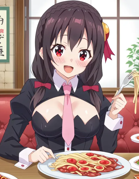 high image quality,high quality、 
Yunyun、 black hair, hair accessory, red eyes,   Long Sleeve, tie,   Outfit Cutout, cleavage cutout, pink tie、See viewer、(blush:1.2)、(plate on　Tomato pasta)、(restaurant)、 upper body only、(I'm opening my mouth)、(happy:1.2)、I...