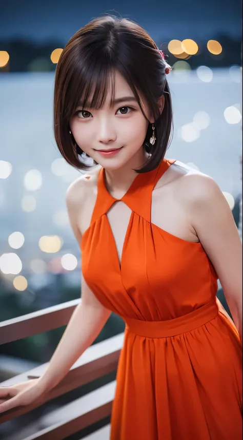 masterpiece, top quality, 8k, , , RAW photo,  absurd,  Award-Winning Portraits , smile, Alone, ( night :1.8), idol bending over,  Delicate Girl, upper body, dslr, viewers,  , refined,Thin arms, professional lighting, film grain,  Color Difference, (detaile...