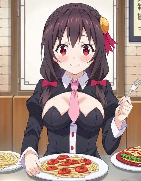 high image quality,high quality、 
Yunyun、 black hair, hair accessory, red eyes,   Long Sleeve, tie,   Outfit Cutout, cleavage cutout, pink tie、See viewer、(blush:1.2)、(plate on　Tomato pasta)、(restaurant)、 upper body only、(She laughs with her mouth open:1.2)...