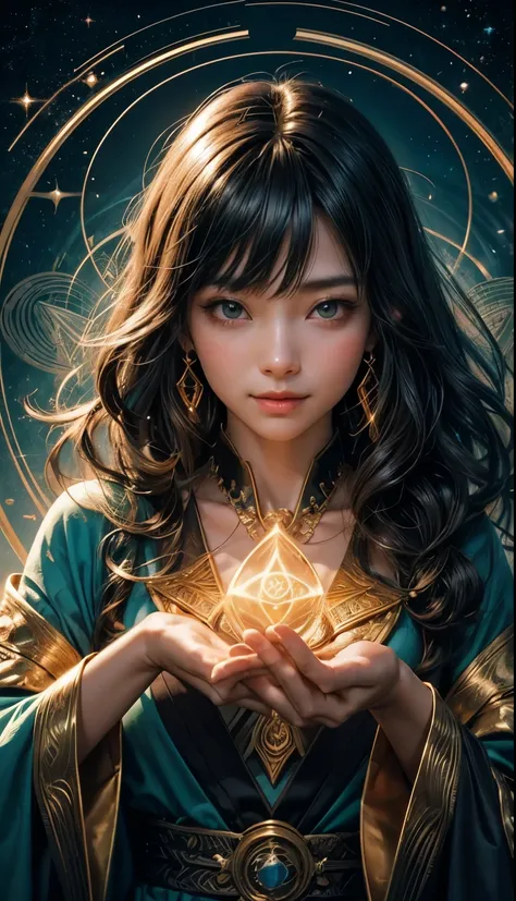 ultra fine, 4K, （ultra fine＋super realistic）, The universe in my dreams、 Mystery、universe of love、The existence of God、aura、 watching , Warm Light,  with a soft face、 ultra fine, 4K, （ultra fine＋super realistic）, delicate face, pretty face , oblique bangs,...