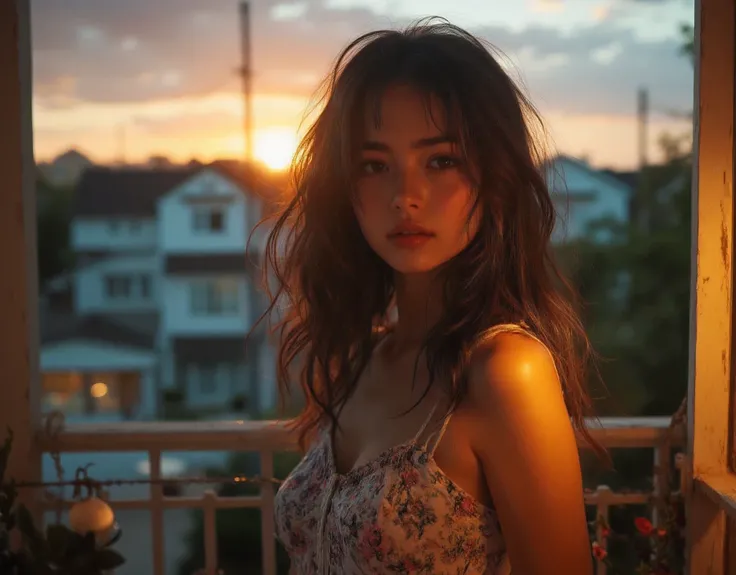 Eurasian-Russian young lady, Large and prominent huge breasts with cleavage and décolletage (suburban setting houses and shops in the background of the veranda) Beautiful colorful sunset, Taken from a Leica m9 50mm 1.2 lovely portrait with bokeh, elegant a...