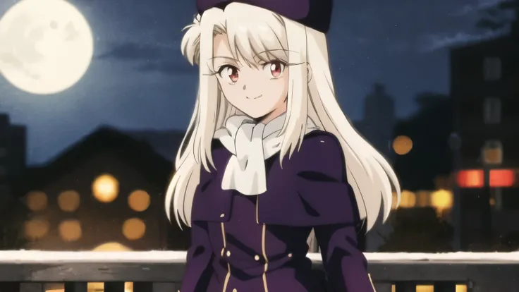 best quality, (masterpiece:1.2), highly detailed, 1990s (style), 1980s (style), retro style,
fate/stay background, night, city, moon,
illyasviel von einzbern ubw,
1girl, solo, standing, looking at the viewer, closed mouth, smile,
long hair, white hair, red...