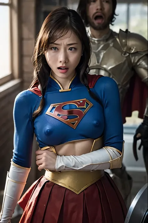 Supergirl,  struggling with a strong enemy ,  is being driven, nsfw,  my costume is torn and I can see my chest and nipples, torn costume , distressed expression, hurts, teeth, a word,  expression of pain  , My clothes are torn、sweat, Bloodstained , Bruise...