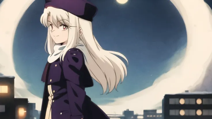 best quality, (masterpiece:1.2), highly detailed, 1990s (style), 1980s (style), retro style,
fate/stay background, night, city, moon,
illyasviel von einzbern ubw, ((side shot)),
1girl, solo, standing, looking at the viewer, closed mouth, smile,
long hair, ...