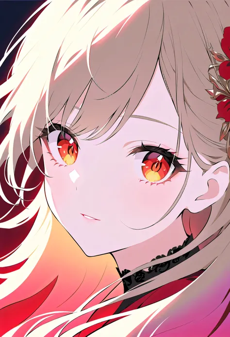 She has mesmerizing deep red irises with a soft gradient transitioning into a warm light brown near the edges. Her eyes shimmer with a subtle glossy reflection, making them appear vibrant and lifelike. The gradient effect gives her gaze a unique, ethereal ...