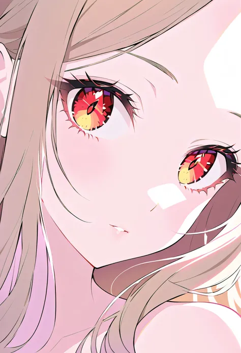 She has mesmerizing deep red irises with a soft gradient transitioning into a warm light brown near the edges. Her eyes shimmer with a subtle glossy reflection, making them appear vibrant and lifelike. The gradient effect gives her gaze a unique, ethereal ...