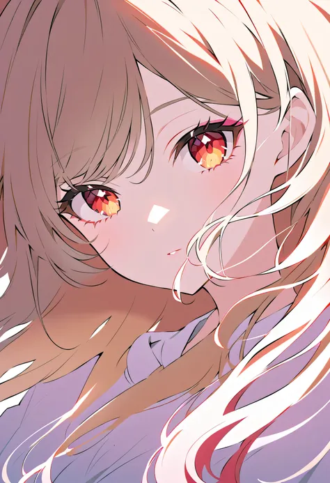 She has mesmerizing deep red irises with a soft gradient transitioning into a warm light brown near the edges. Her eyes shimmer with a subtle glossy reflection, making them appear vibrant and lifelike. The gradient effect gives her gaze a unique, ethereal ...