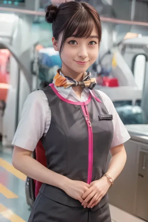 (masterpiece:1.2, top quality:1.2), 32kHDR, High Resolution, (alone、1 girl)、( station platform、professional lighting)、Empty station platform background 、( Realistic style of a JR Gran Class crew member in uniform )、short sleeve blouse、 scarf wrapped around...
