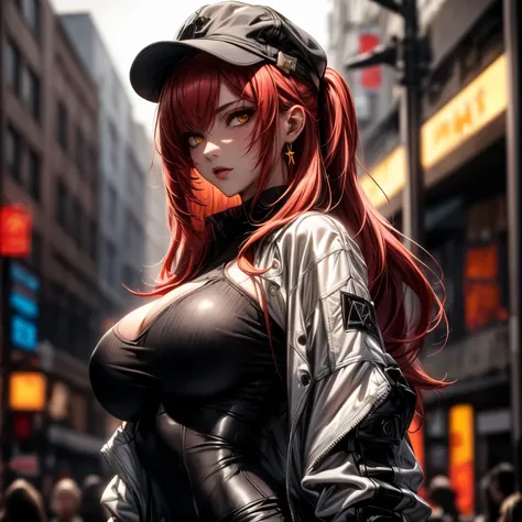 ((best quality)), ((Masterpiece)), ((Enrich the picture，Masterpiece level quality)), red hair, high ponytail, very big breasts, golden eyes, fierce woman, street fasion, sexy white shirt , mini black skirt, sexy tight jacket, best quality, RAW 4K, Realisti...