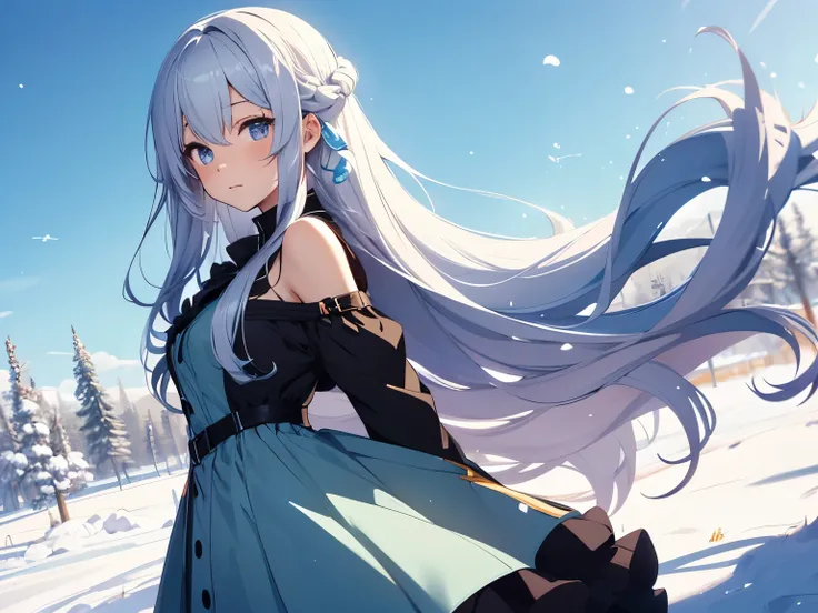 Anime girl character with soft blue flowing hair, and wearing a dress, with a background winter 
