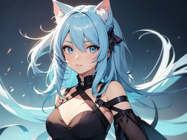 Anime girl character with flowing soft blue hair, with cat ears and wearing a dress, with a background