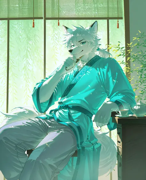 sfw,1boy,solo,male focus,furry male,furry,anthro,(slender muscle:0.2),(white fox),(white fur:1.5, white hair,),cocked eyebrow,(detailed eyes,teal_blue eyes,detailed pupils),snout,animal ears,fox ears,fox tail,(skinny:0.8),(Chinese Garden,inside,curtain,win...