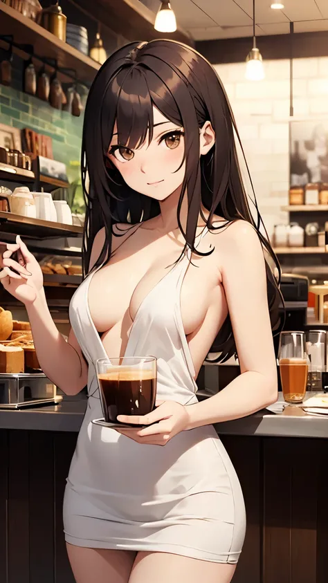 naked Anime girl character with white flowing hair, brown eyes, no clothes, with a cafe background