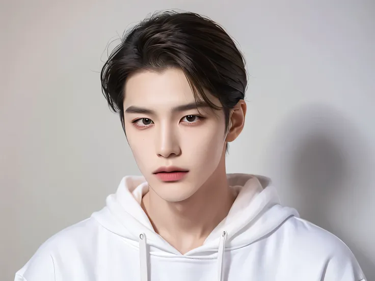20 year old man, Very handsome , stars of the Korean series, White skin, handsome, classic side part hairstyle, black background, Masterpiece, best quality, a man, Detailed image, clear, Shiny, Very handsome , half body model, Bends down in front, Head do...