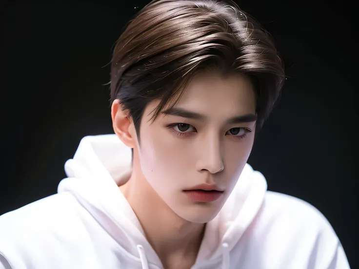 20 year old man, Very handsome , stars of the Korean series, White skin, handsome, classic side part hairstyle, black background, Masterpiece, best quality, a man, Detailed image, clear, Shiny, Very handsome , half body model, Bends down in front, Head do...