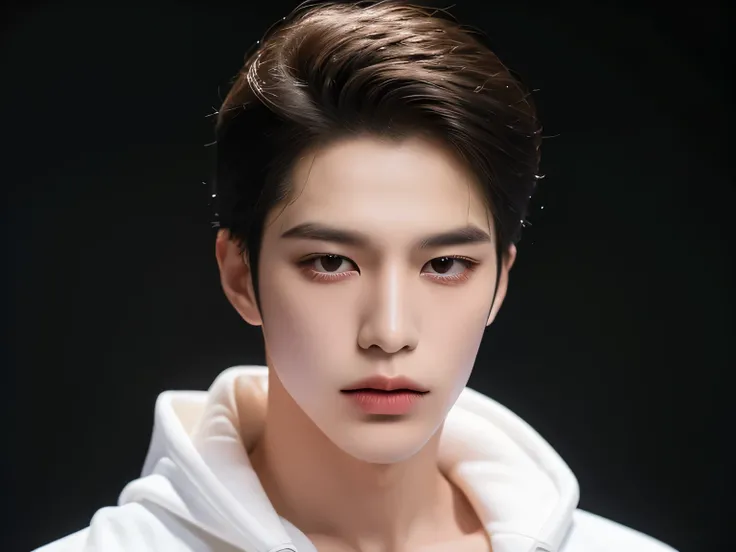 20 year old man, Very handsome , stars of the Korean series, White skin, handsome, classic side part hairstyle, black background, Masterpiece, best quality, a man, Detailed image, clear, Shiny, Very handsome , half body model, Bends down in front, Head do...