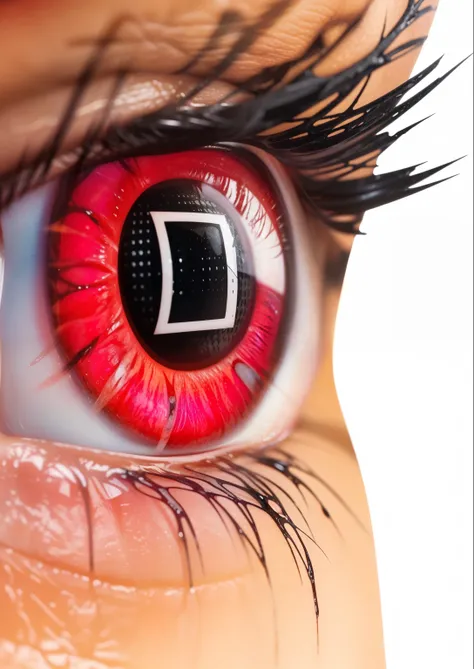 The image shows a close-up of a human eye with a vibrant red iris. The pupil is black and features a unique square pattern.  stylized as a 3d render, promo image, 3 d character, detailed digital art, reflective, best quality, 4k, masterpiece:1.2, ultra-det...