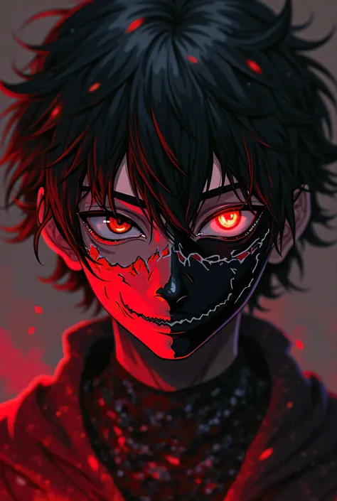 Got it! Here's a refined Leonardo AI prompt for an anime-style character based on that red-and-black pixelated face:

Prompt:
"A highly detailed 2D anime-style character with a striking red-and-black facial design. The character's face has a split-color ae...