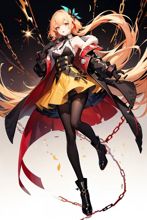 A cool and stylish female clown full body costume design。A design based on yellow and red colors、chic look with diamond patterns and frills。x} The silhouettes of jackets and long coats are sharp and sophisticated、slim pants and boots tighten the overall ba...