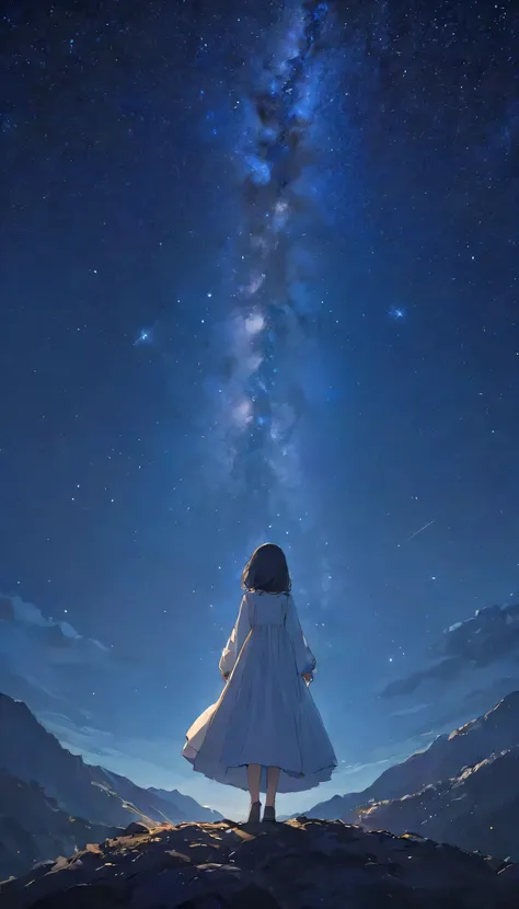 look up_Away、night、Respect:1.5、night空、milky way、Countless Stars々、one person's、8 heads、White dress with long sleeves、Box Dress、In the mountains、Dim lighting、Dark darkness
