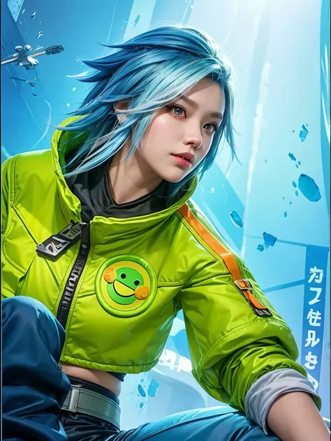 a close up of a person with blue hair and a green jacket, a character portrait inspired by Leng Mei, trending on cg society, neoism, female lucio, lucio as a woman, katana zero video game character, rogue anime girl, artgerm jsc, lucio from overwatch, echo...